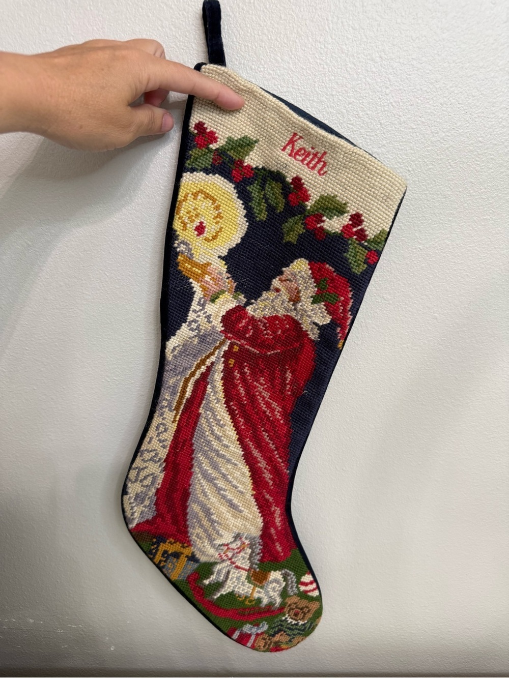 Lands End navy blue wool Needlepoint Santa Christmas Stocking Keith